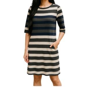 TOMMY HILFIGER Knit Dress Grey Ivory Navy Blue Stripe Boat Neck Preppy Size M